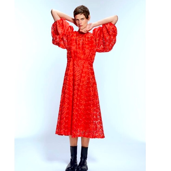 Zara Dresses & Skirts - Zara S-M Bright Orange Coral embroidered midi dress